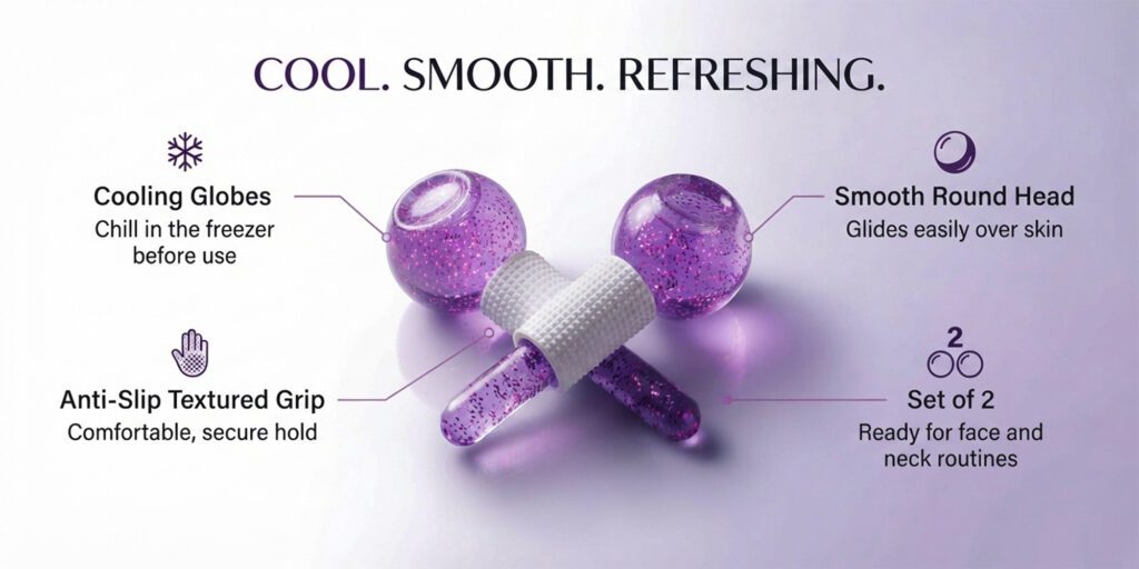 Facial Ice Globes Set of 2 for Cooling Facial Massage and Fresh Glowing Routine facial ice globes;set of 2 cooling ice globes;cryo sticks for face massage;purple glitter facial globes;skin tightening ice rollers;puffy eyes reduction tool;facial massage globes;cooling skincare tools