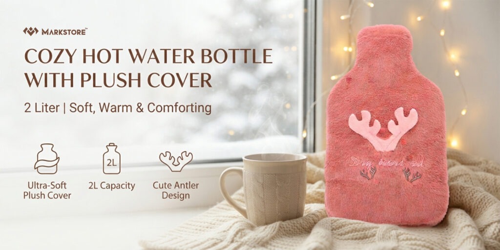 Cozy Hot Water Bottle with Plush Cover and Cute Antler Design 2 Liter