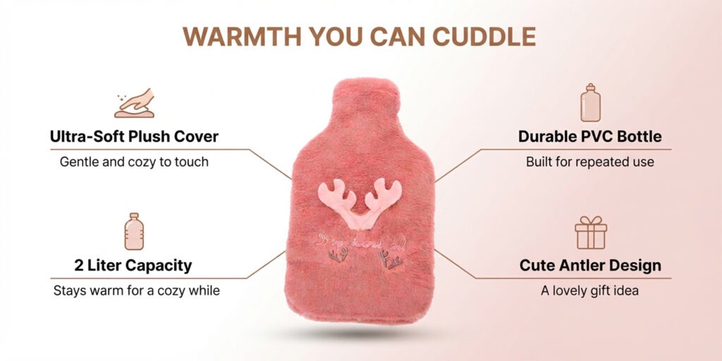 Cozy Hot Water Bottle with Plush Cover and Cute Antler Design 2 Liter