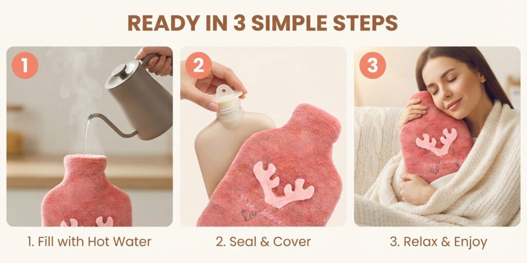 Cozy Hot Water Bottle with Plush Cover and Cute Antler Design 2 Liter