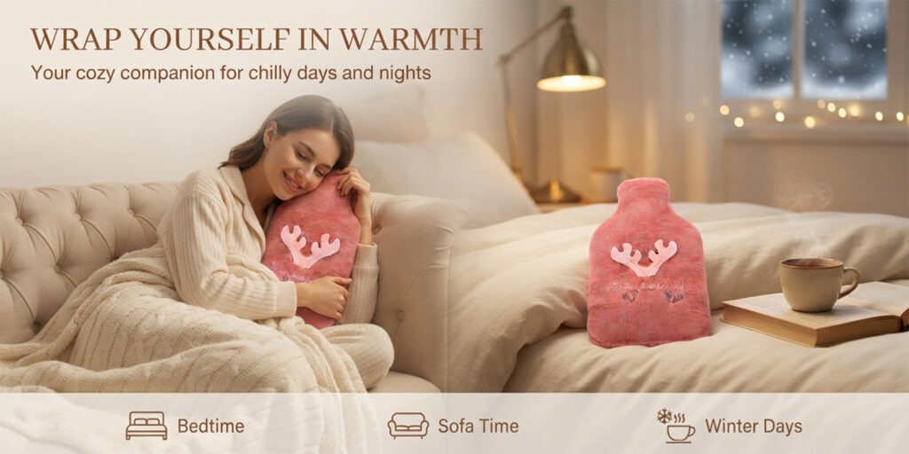 Cozy Hot Water Bottle with Plush Cover and Cute Antler Design 2 Liter