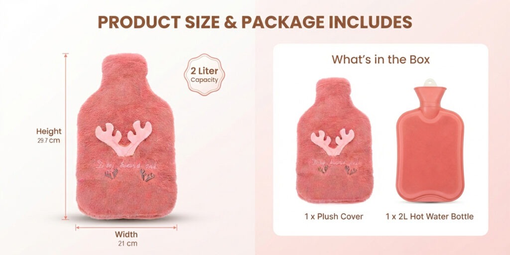 Cozy Hot Water Bottle with Plush Cover and Cute Antler Design 2 Liter