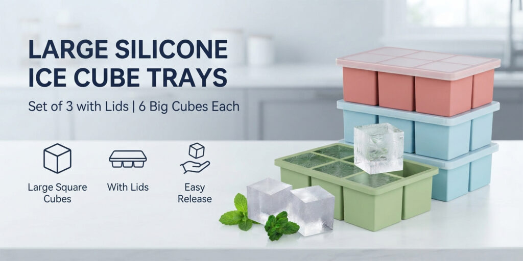 Large Silicone Ice Cube Trays Set of 3 with Lids and 6 Big Cubes Each