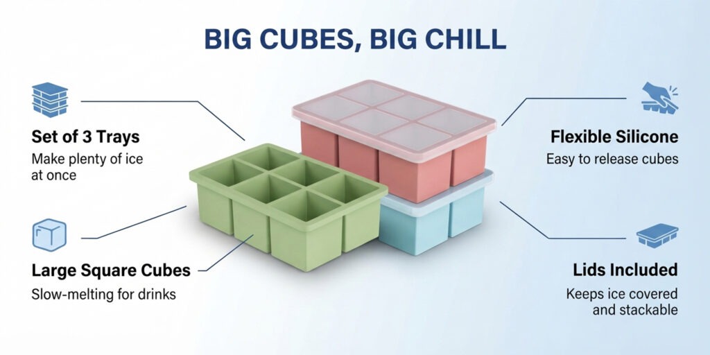 Large Silicone Ice Cube Trays Set of 3 with Lids and 6 Big Cubes Each