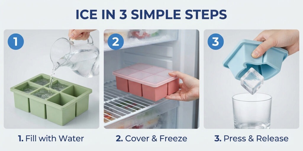 Large Silicone Ice Cube Trays Set of 3 with Lids and 6 Big Cubes Each