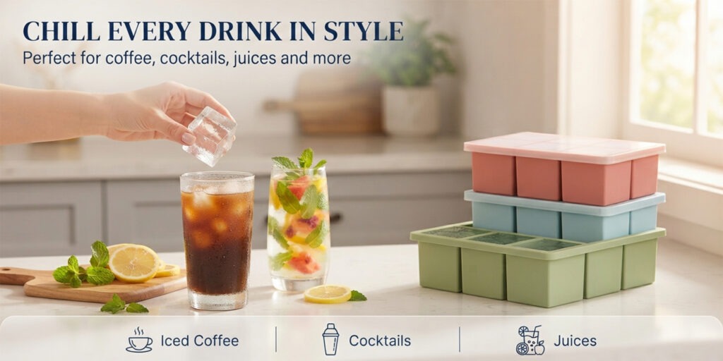 Large Silicone Ice Cube Trays Set of 3 with Lids and 6 Big Cubes Each