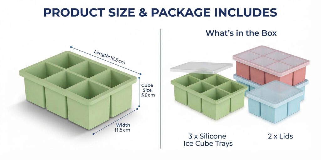 Large Silicone Ice Cube Trays Set of 3 with Lids and 6 Big Cubes Each